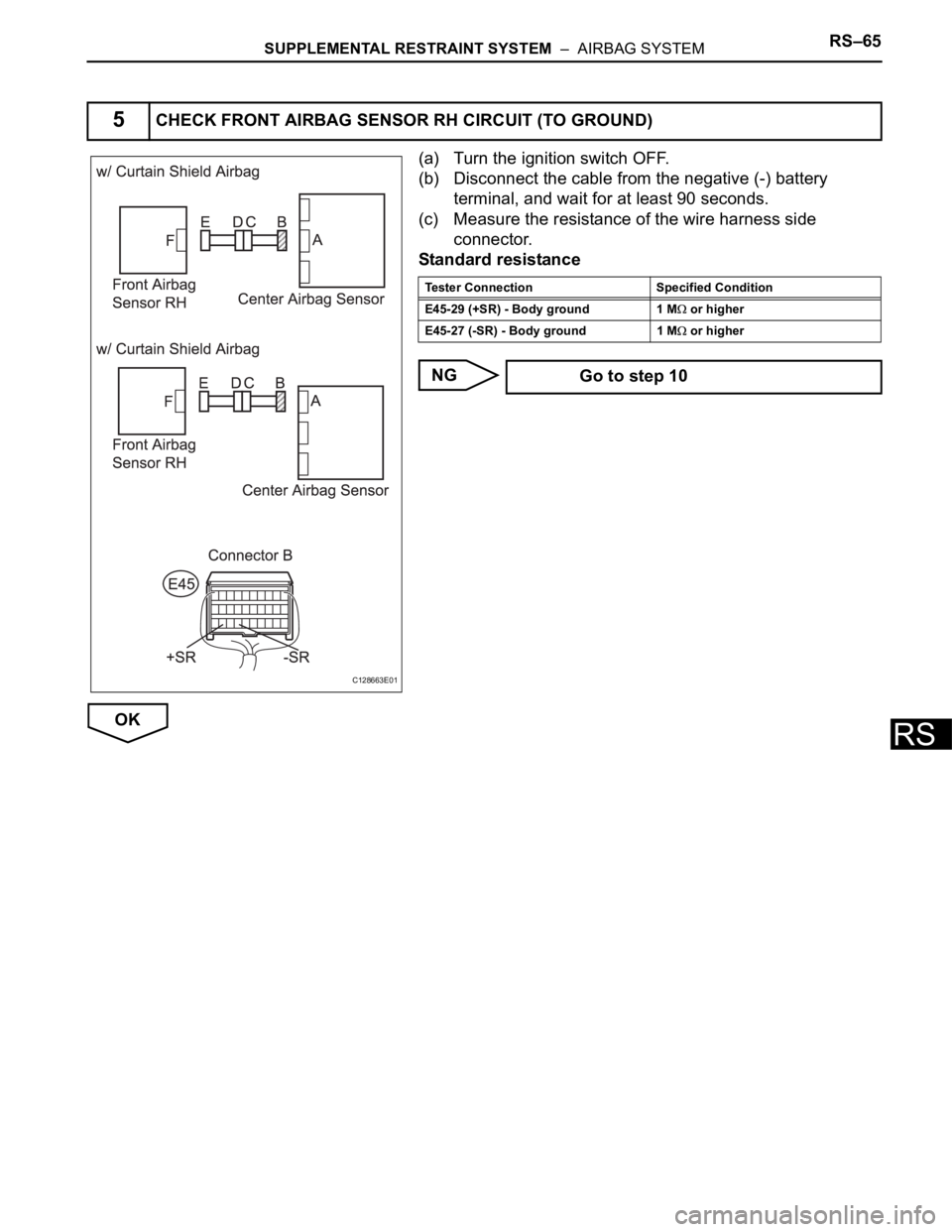 TOYOTA RAV4 2006  Service Repair Manual SUPPLEMENTAL RESTRAINT SYSTEM  –  AIRBAG SYSTEMRS–65
RS
(a) Turn the ignition switch OFF.
(b) Disconnect the cable from the negative (-) battery 
terminal, and wait for at least 90 seconds.
(c) Me