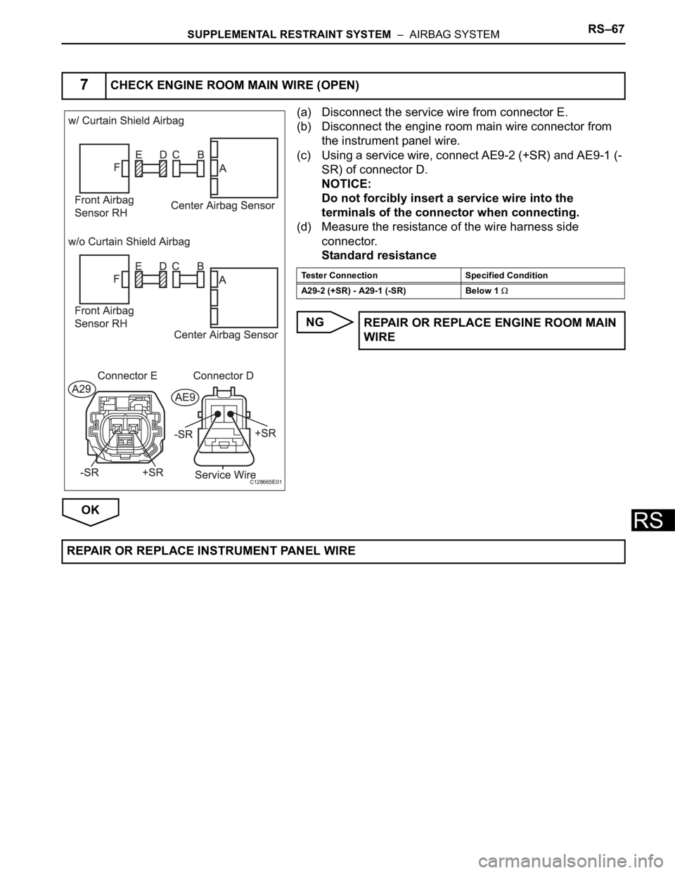 TOYOTA RAV4 2006  Service Repair Manual SUPPLEMENTAL RESTRAINT SYSTEM  –  AIRBAG SYSTEMRS–67
RS
(a) Disconnect the service wire from connector E.
(b) Disconnect the engine room main wire connector from 
the instrument panel wire.
(c) Us