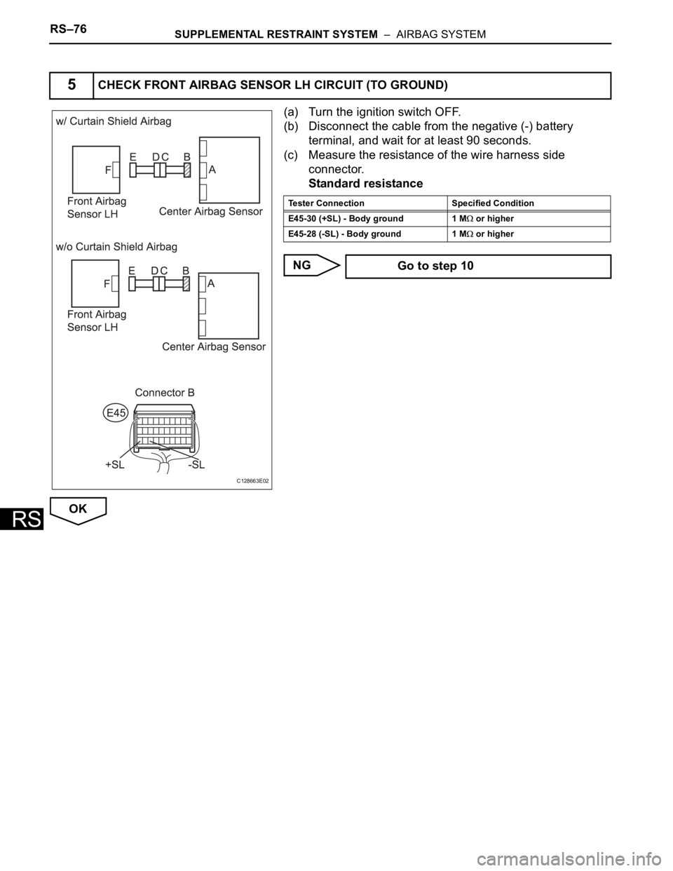 TOYOTA RAV4 2006  Service Repair Manual RS–76SUPPLEMENTAL RESTRAINT SYSTEM  –  AIRBAG SYSTEM
RS
(a) Turn the ignition switch OFF.
(b) Disconnect the cable from the negative (-) battery 
terminal, and wait for at least 90 seconds.
(c) Me