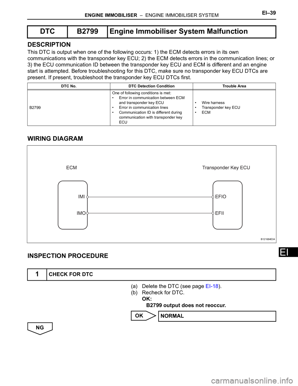 TOYOTA RAV4 2006  Service Repair Manual ENGINE IMMOBILISER  –  ENGINE IMMOBILISER SYSTEMEI–39
EI
DESCRIPTION
This DTC is output when one of the following occurs: 1) the ECM detects errors in its own 
communications with the transponder 