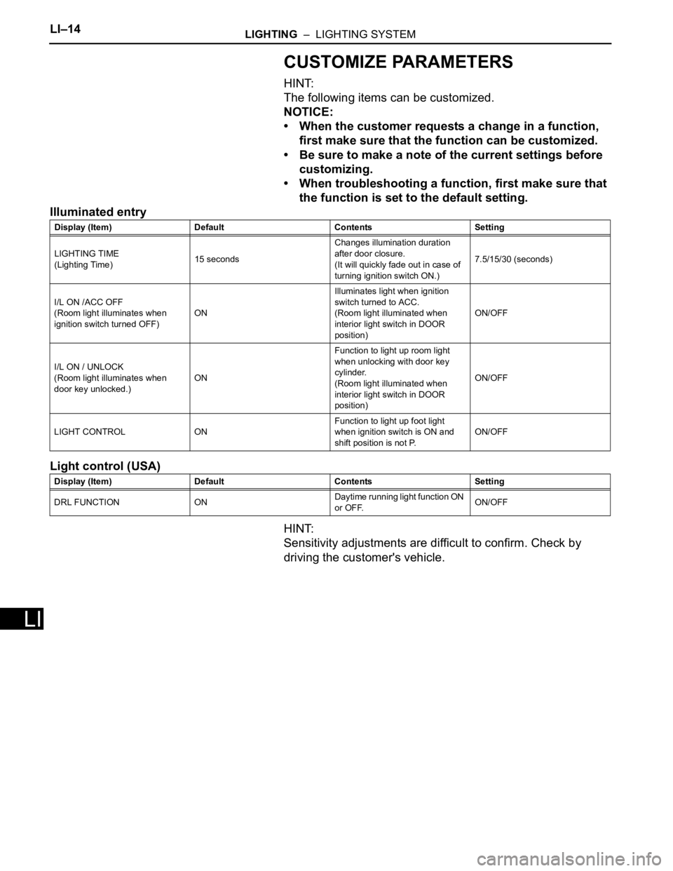 TOYOTA RAV4 2006  Service Repair Manual LI–14LIGHTING  –  LIGHTING SYSTEM
LI
CUSTOMIZE PARAMETERS
HINT:
The following items can be customized.
NOTICE:
• When the customer requests a change in a function, 
first make sure that the func