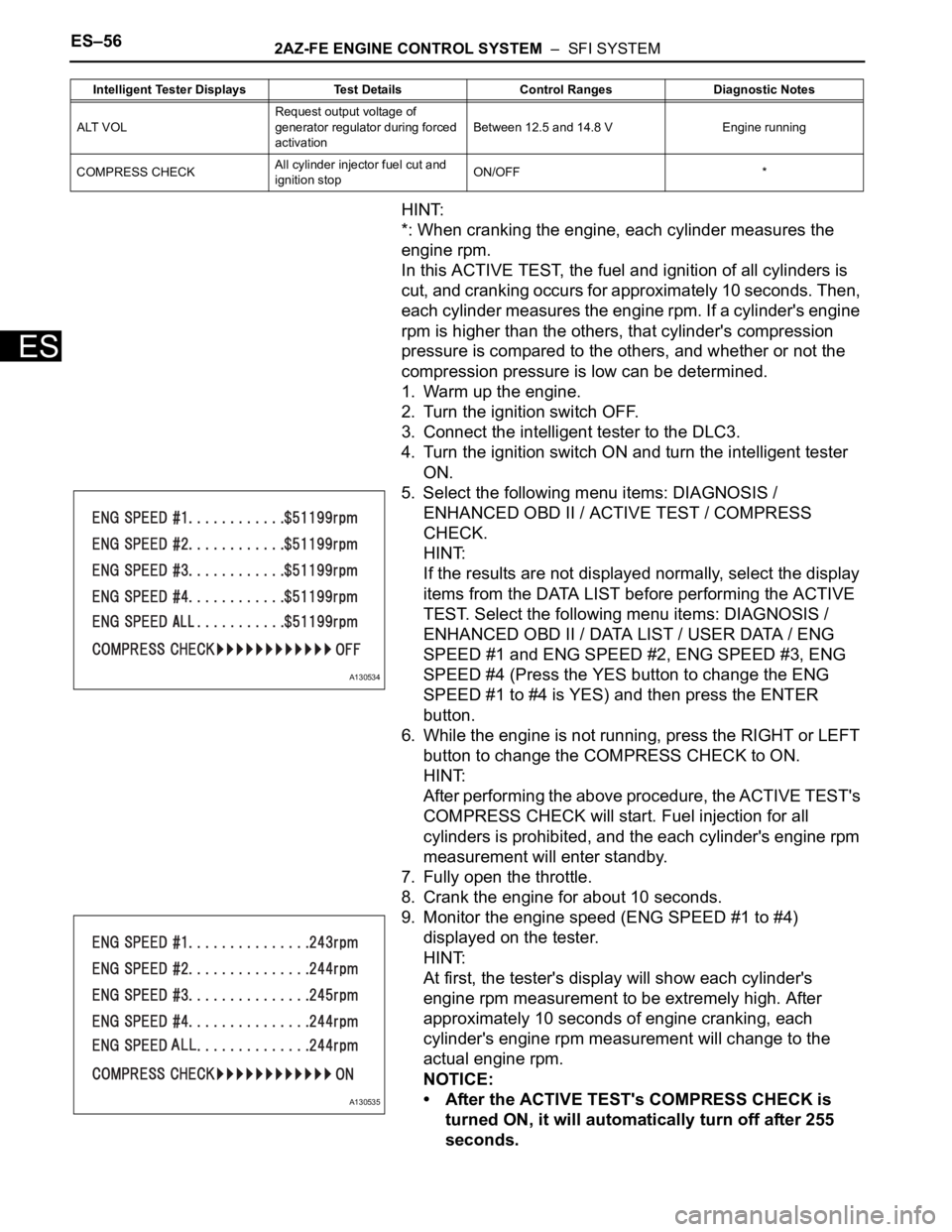 TOYOTA RAV4 2006  Service Repair Manual ES–562AZ-FE ENGINE CONTROL SYSTEM  –  SFI SYSTEM
ES
HINT:
*: When cranking the engine, each cylinder measures the 
engine rpm.
In this ACTIVE TEST, the fuel and ignition of all cylinders is 
cut, 