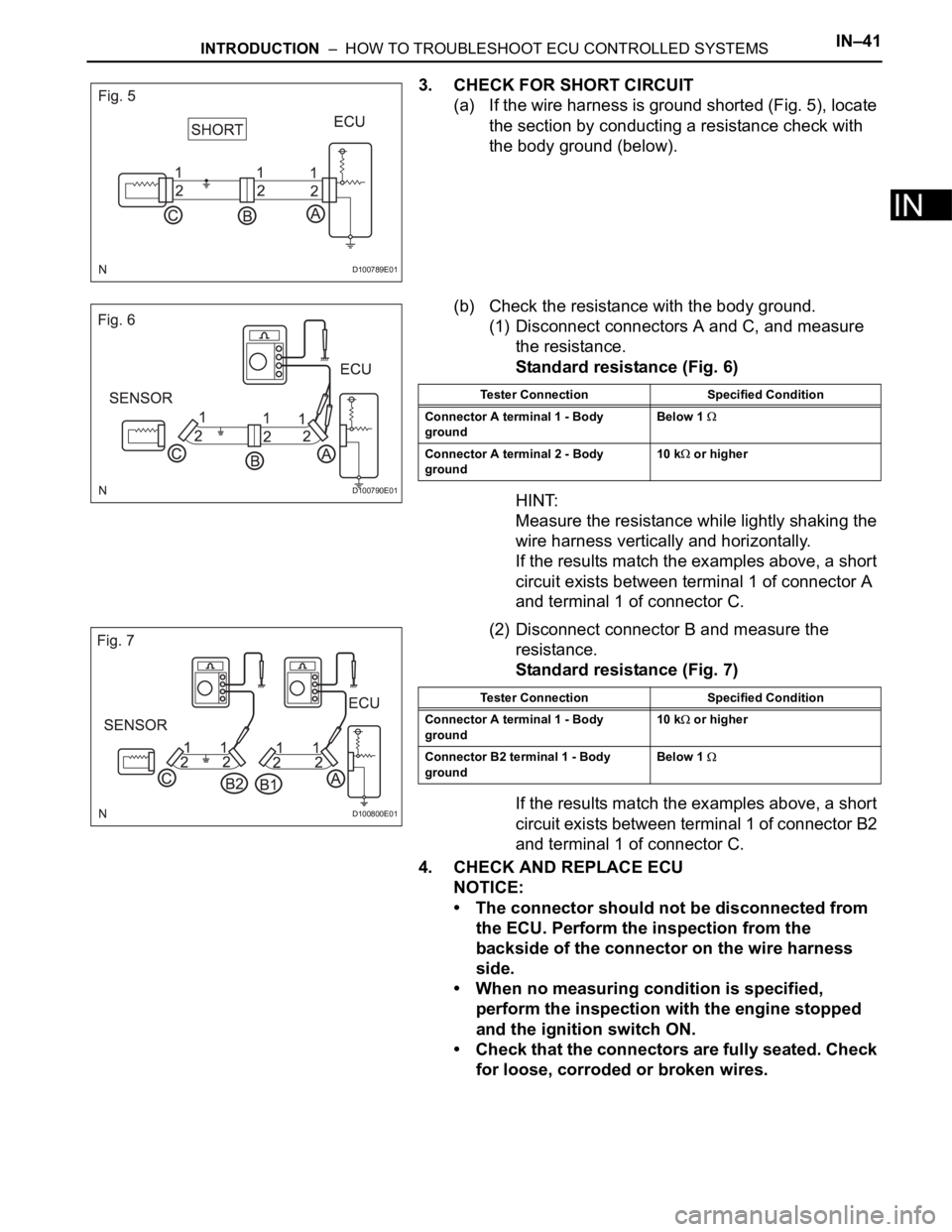 TOYOTA RAV4 2006  Service Repair Manual INTRODUCTION  –  HOW TO TROUBLESHOOT ECU CONTROLLED SYSTEMSIN–41
IN
3. CHECK FOR SHORT CIRCUIT
(a) If the wire harness is ground shorted (Fig. 5), locate 
the section by conducting a resistance ch