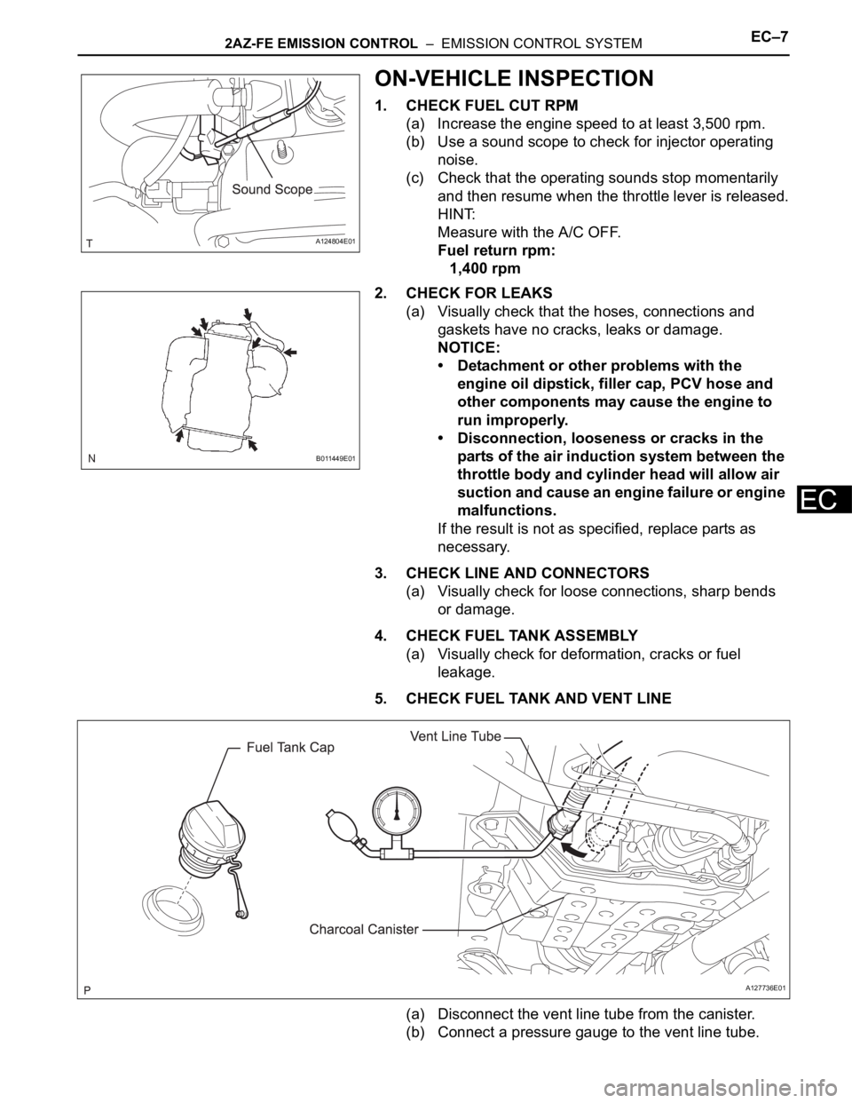 TOYOTA RAV4 2006  Service Repair Manual 2AZ-FE EMISSION CONTROL  –  EMISSION CONTROL SYSTEMEC–7
EC
ON-VEHICLE INSPECTION
1. CHECK FUEL CUT RPM
(a) Increase the engine speed to at least 3,500 rpm.
(b) Use a sound scope to check for injec