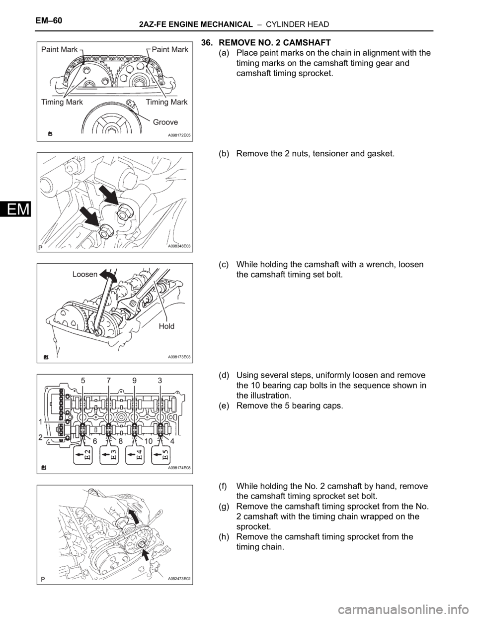 TOYOTA RAV4 2006  Service Repair Manual EM–602AZ-FE ENGINE MECHANICAL  –  CYLINDER HEAD
EM
36. REMOVE NO. 2 CAMSHAFT
(a) Place paint marks on the chain in alignment with the 
timing marks on the camshaft timing gear and 
camshaft timing