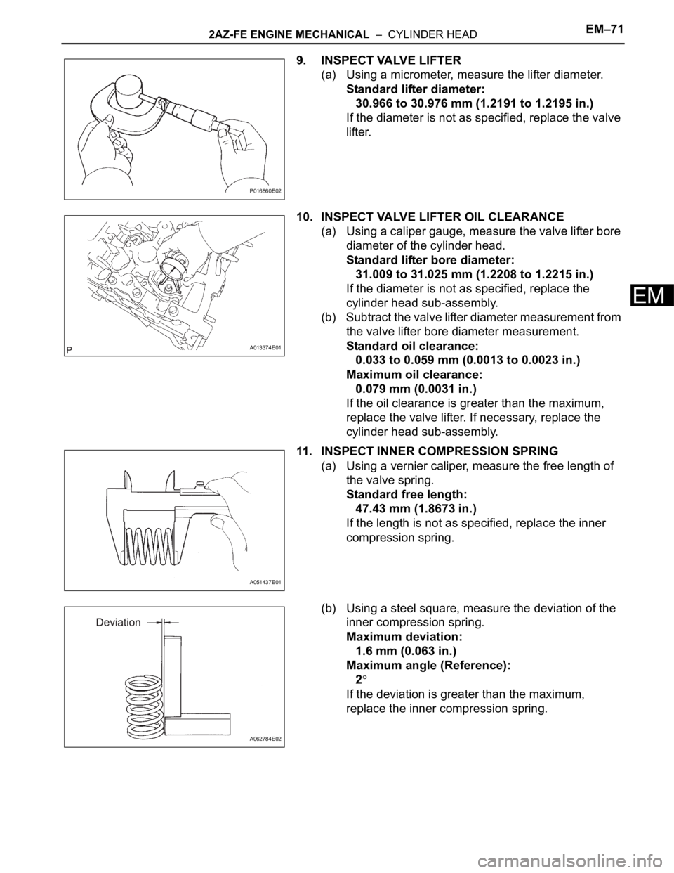 TOYOTA RAV4 2006  Service Repair Manual 2AZ-FE ENGINE MECHANICAL  –  CYLINDER HEADEM–71
EM
9. INSPECT VALVE LIFTER
(a) Using a micrometer, measure the lifter diameter.
Standard lifter diameter:
30.966 to 30.976 mm (1.2191 to 1.2195 in.)