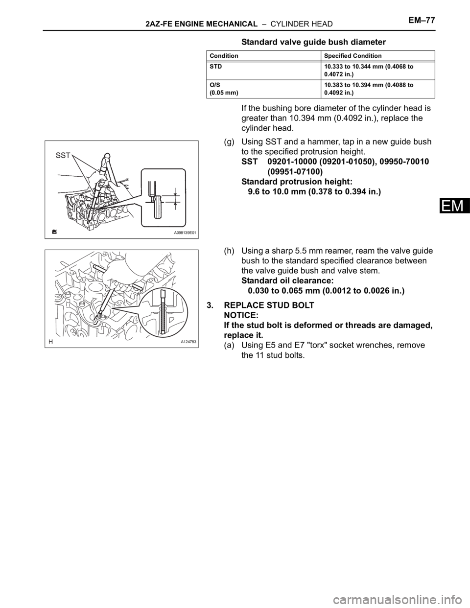 TOYOTA RAV4 2006  Service Repair Manual 2AZ-FE ENGINE MECHANICAL  –  CYLINDER HEADEM–77
EM
Standard valve guide bush diameter
If the bushing bore diameter of the cylinder head is 
greater than 10.394 mm (0.4092 in.), replace the 
cylind