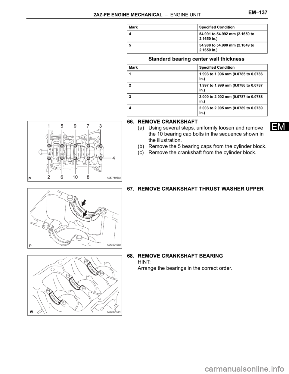 TOYOTA RAV4 2006  Service Repair Manual 2AZ-FE ENGINE MECHANICAL  –  ENGINE UNITEM–137
EM
Standard bearing center wall thickness
66. REMOVE CRANKSHAFT
(a) Using several steps, uniformly loosen and remove 
the 10 bearing cap bolts in the