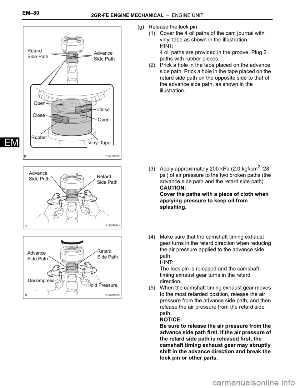 TOYOTA RAV4 2006 Service Repair Manual EM–802GR-FE ENGINE MECHANICAL – ENGINE UNIT
EM
(g) Release the lock pin.
(1) Cover the 4 oil paths of the cam journal with
vinyl tape as shown in the illustration.
HINT:
4 oil paths are provide TOYOTA RAV4 2006 Service Repair Manual EM–802GR-FE ENGINE MECHANICAL – ENGINE UNIT
EM
(g) Release the lock pin.
(1) Cover the 4 oil paths of the cam journal with
vinyl tape as shown in the illustration.
HINT:
4 oil paths are provide
