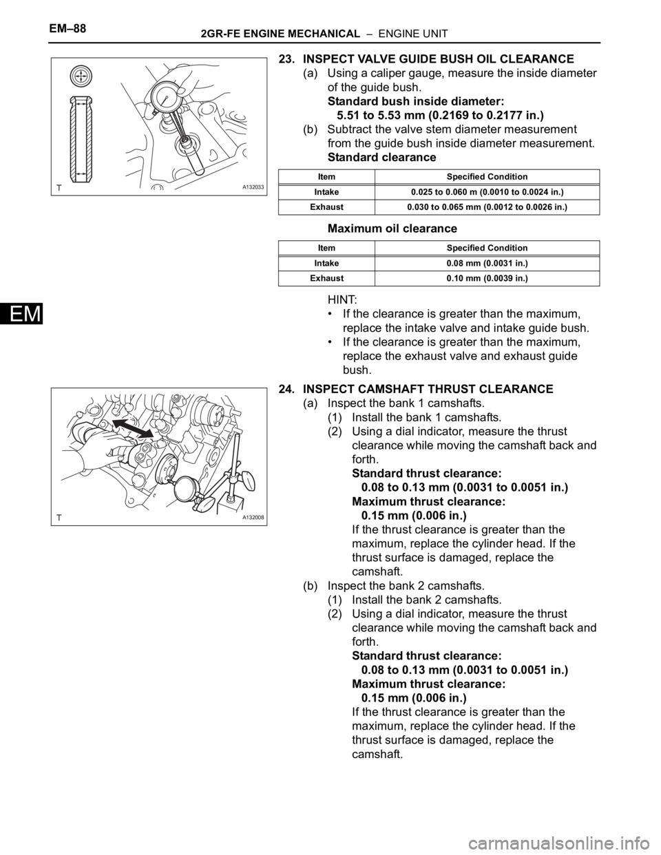 TOYOTA RAV4 2006 Service Repair Manual EM–882GR-FE ENGINE MECHANICAL – ENGINE UNIT
EM
23. INSPECT VALVE GUIDE BUSH OIL CLEARANCE
(a) Using a caliper gauge, measure the inside diameter
of the guide bush.
Standard bush inside diameter TOYOTA RAV4 2006 Service Repair Manual EM–882GR-FE ENGINE MECHANICAL – ENGINE UNIT
EM
23. INSPECT VALVE GUIDE BUSH OIL CLEARANCE
(a) Using a caliper gauge, measure the inside diameter
of the guide bush.
Standard bush inside diameter