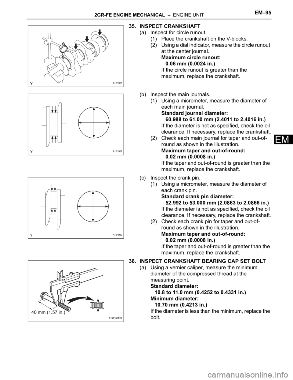 TOYOTA RAV4 2006  Service Repair Manual 2GR-FE ENGINE MECHANICAL  –  ENGINE UNITEM–95
EM
35. INSPECT CRANKSHAFT
(a) Inspect for circle runout.
(1) Place the crankshaft on the V-blocks.
(2) Using a dial indicator, measure the circle runo
