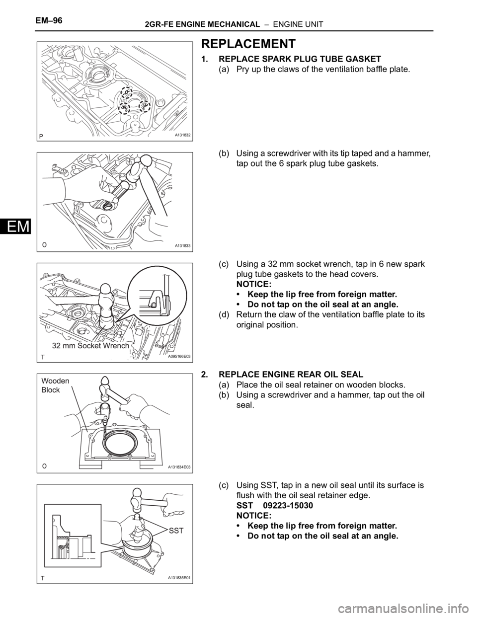 TOYOTA RAV4 2006  Service Repair Manual EM–962GR-FE ENGINE MECHANICAL  –  ENGINE UNIT
EM
REPLACEMENT
1. REPLACE SPARK PLUG TUBE GASKET
(a) Pry up the claws of the ventilation baffle plate.
(b) Using a screwdriver with its tip taped and 
