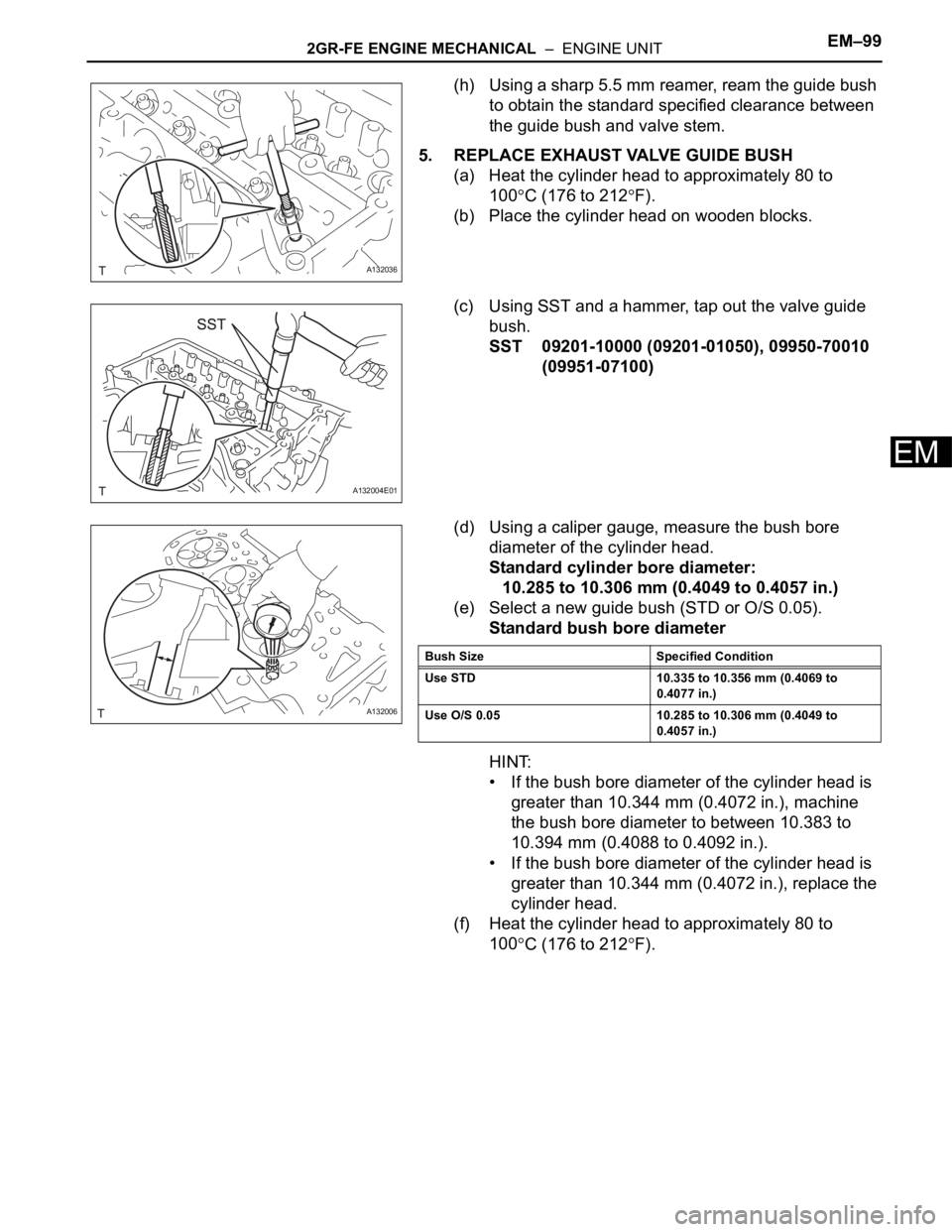 TOYOTA RAV4 2006  Service Repair Manual 2GR-FE ENGINE MECHANICAL  –  ENGINE UNITEM–99
EM
(h) Using a sharp 5.5 mm reamer, ream the guide bush 
to obtain the standard specified clearance between 
the guide bush and valve stem.
5. REPLACE