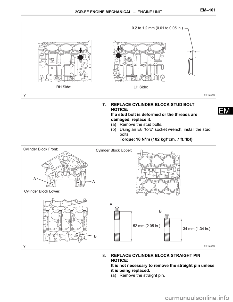 TOYOTA RAV4 2006  Service Repair Manual 2GR-FE ENGINE MECHANICAL  –  ENGINE UNITEM–101
EM
7. REPLACE CYLINDER BLOCK STUD BOLT
NOTICE:
If a stud bolt is deformed or the threads are 
damaged, replace it.
(a) Remove the stud bolts.
(b) Usi