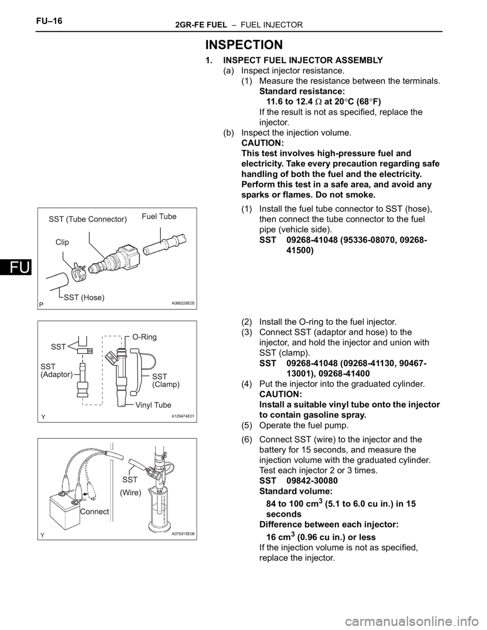 TOYOTA RAV4 2006 Service Repair Manual FU–162GR-FE FUEL – FUEL INJECTOR
FU
INSPECTION
1. INSPECT FUEL INJECTOR ASSEMBLY
(a) Inspect injector resistance.
(1) Measure the resistance between the terminals.
Standard resistance:
11.6 to 1 TOYOTA RAV4 2006 Service Repair Manual FU–162GR-FE FUEL – FUEL INJECTOR
FU
INSPECTION
1. INSPECT FUEL INJECTOR ASSEMBLY
(a) Inspect injector resistance.
(1) Measure the resistance between the terminals.
Standard resistance:
11.6 to 1