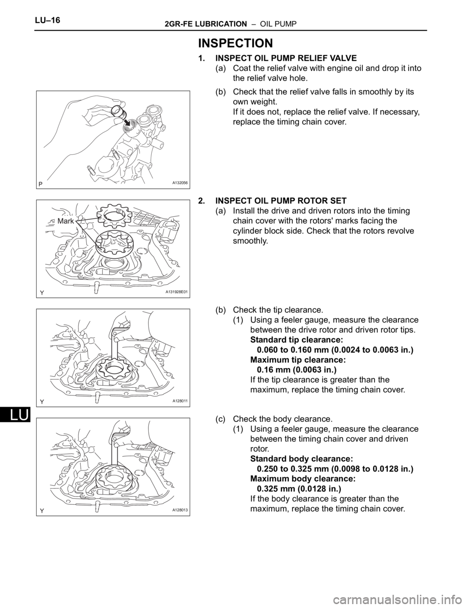TOYOTA RAV4 2006  Service Repair Manual LU–162GR-FE LUBRICATION  –  OIL PUMP
LU
INSPECTION
1. INSPECT OIL PUMP RELIEF VALVE
(a) Coat the relief valve with engine oil and drop it into 
the relief valve hole.
(b) Check that the relief val