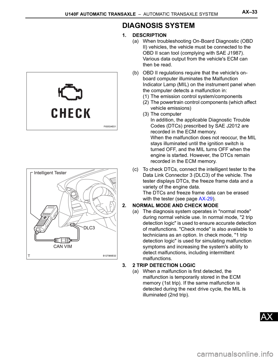 TOYOTA RAV4 2006  Service Repair Manual U140F AUTOMATIC TRANSAXLE  –  AUTOMATIC TRANSAXLE SYSTEMAX–33
AX
DIAGNOSIS SYSTEM
1. DESCRIPTION
(a) When troubleshooting On-Board Diagnostic (OBD 
II) vehicles, the vehicle must be connected to t