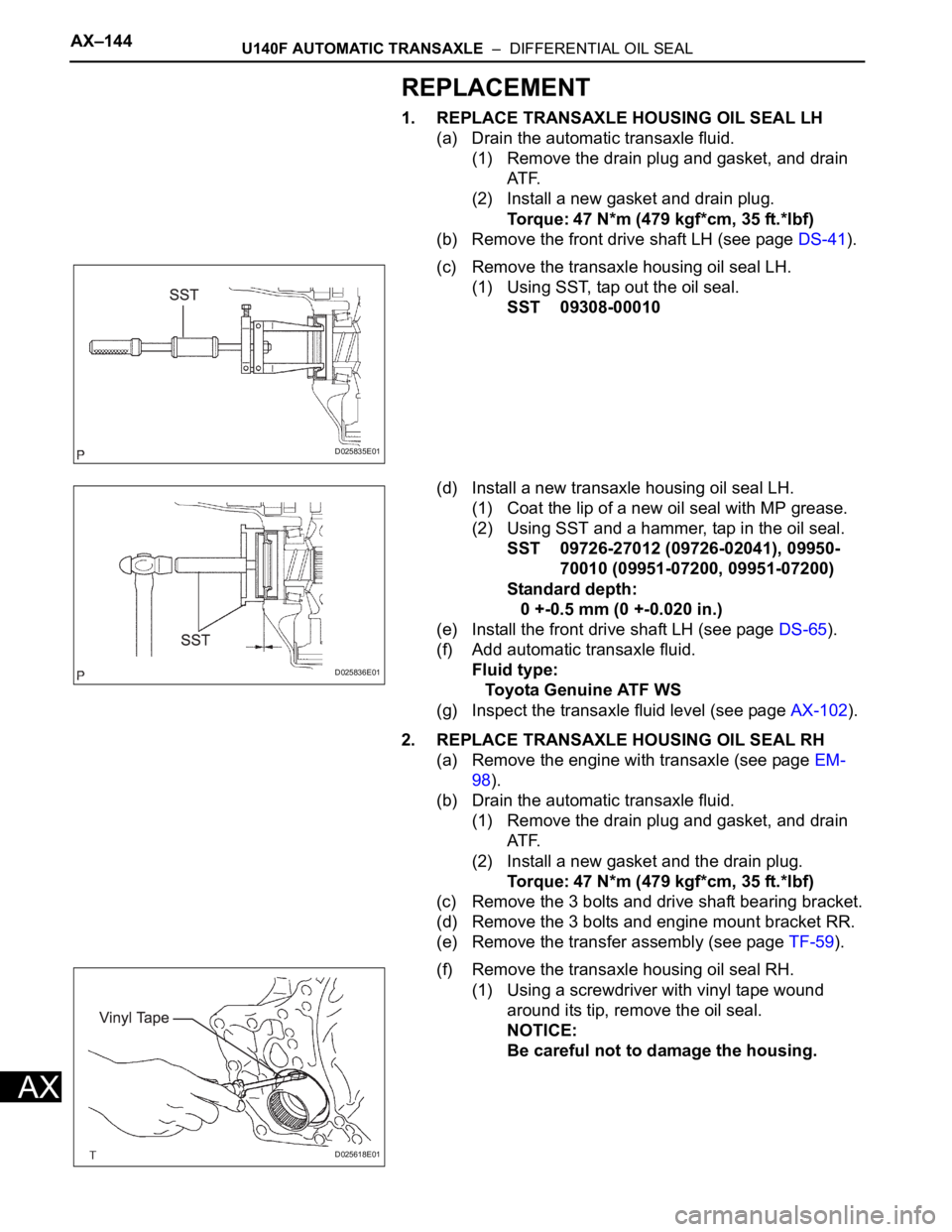 TOYOTA RAV4 2006  Service Repair Manual AX–144U140F AUTOMATIC TRANSAXLE  –  DIFFERENTIAL OIL SEAL
AX
REPLACEMENT
1. REPLACE TRANSAXLE HOUSING OIL SEAL LH
(a) Drain the automatic transaxle fluid.
(1) Remove the drain plug and gasket, and