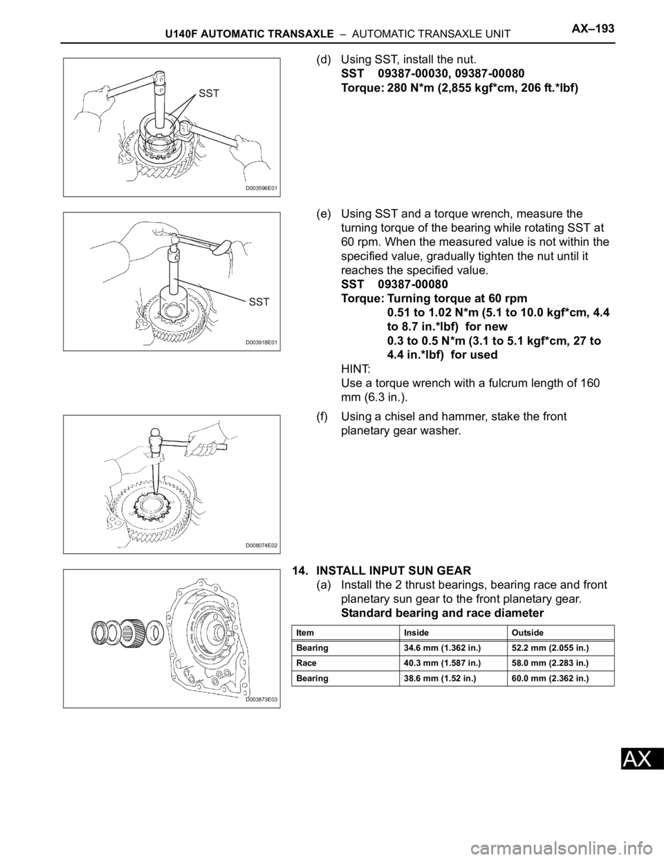 TOYOTA RAV4 2006  Service Repair Manual U140F AUTOMATIC TRANSAXLE  –  AUTOMATIC TRANSAXLE UNITAX–193
AX
(d) Using SST, install the nut.
SST 09387-00030, 09387-00080
Torque: 280 N*m (2,855 kgf*cm, 206 ft.*lbf)
(e) Using SST and a torque 