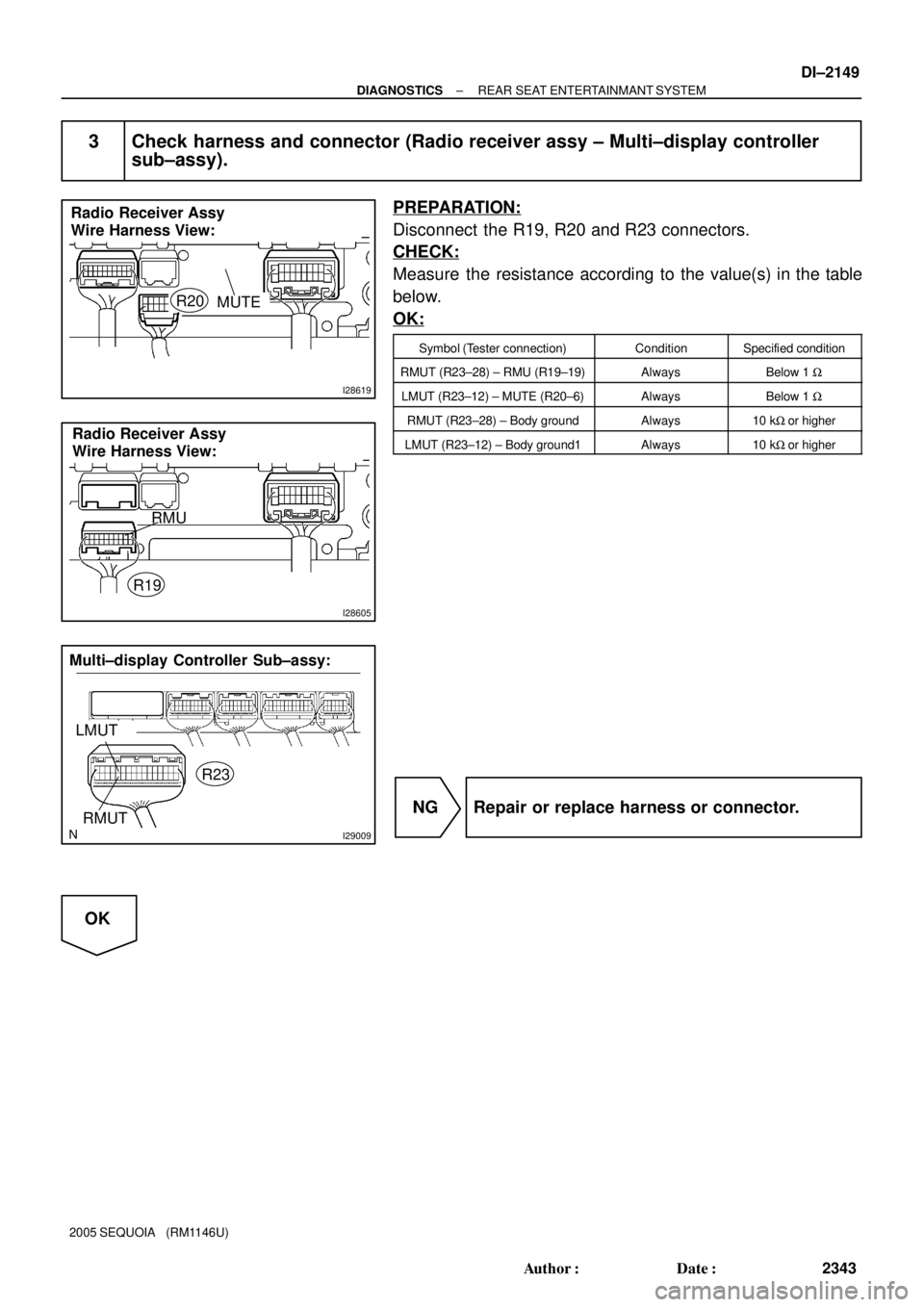 TOYOTA SEQUOIA 2001  Service Repair Manual I28619
Radio Receiver Assy 
Wire Harness View:
MUTER20
I28605
RMU
R19
Radio Receiver Assy 
Wire Harness View:
I29009
Multi±display Controller Sub±assy:
RMUT
R23
LMUT
± DIAGNOSTICSREAR SEAT ENTERTAI