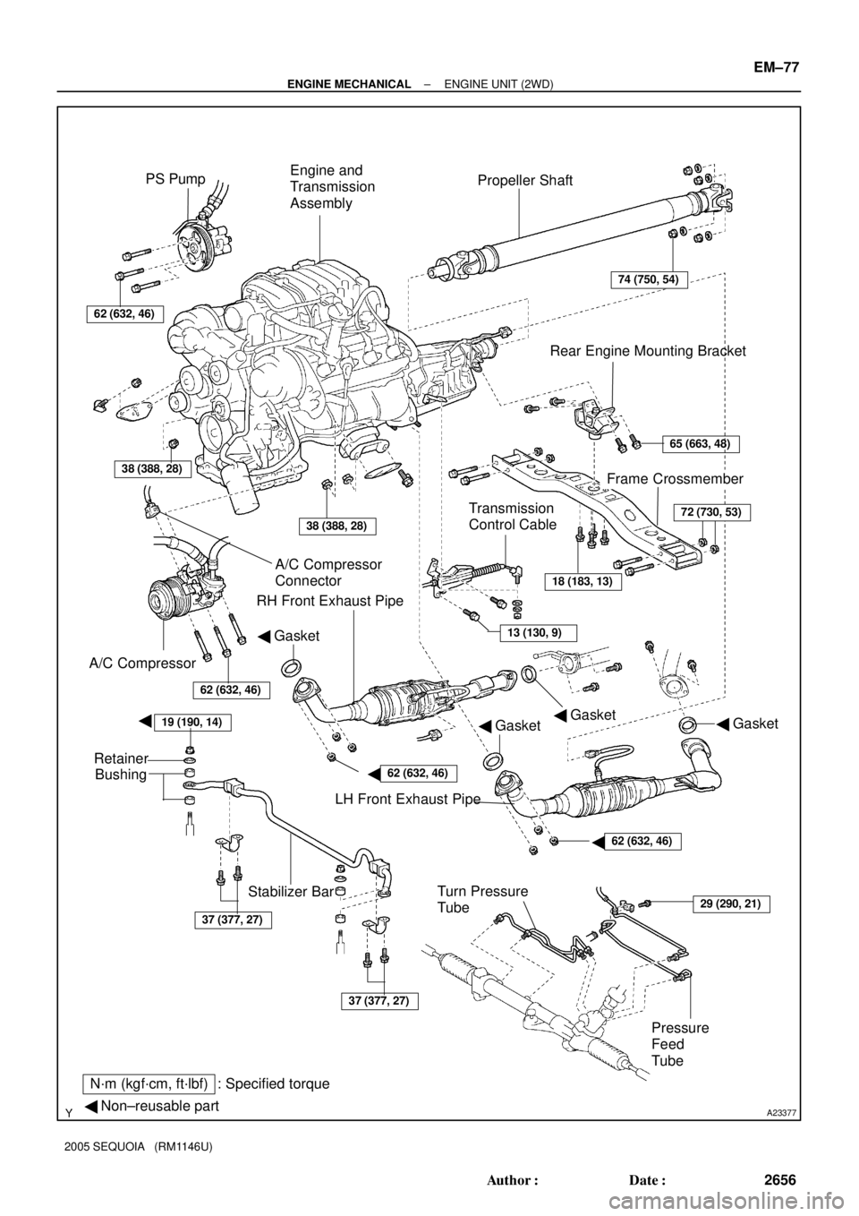 TOYOTA SEQUOIA 2001  Service Repair Manual A23377
PS Pump
Propeller Shaft
A/C Compressor
Connector
Stabilizer Bar
N´m (kgf´cm, ft´lbf) : Specified torque
 Non±reusable part
A/C Compressor
Engine and
Transmission
Assembly
Frame Crossmember