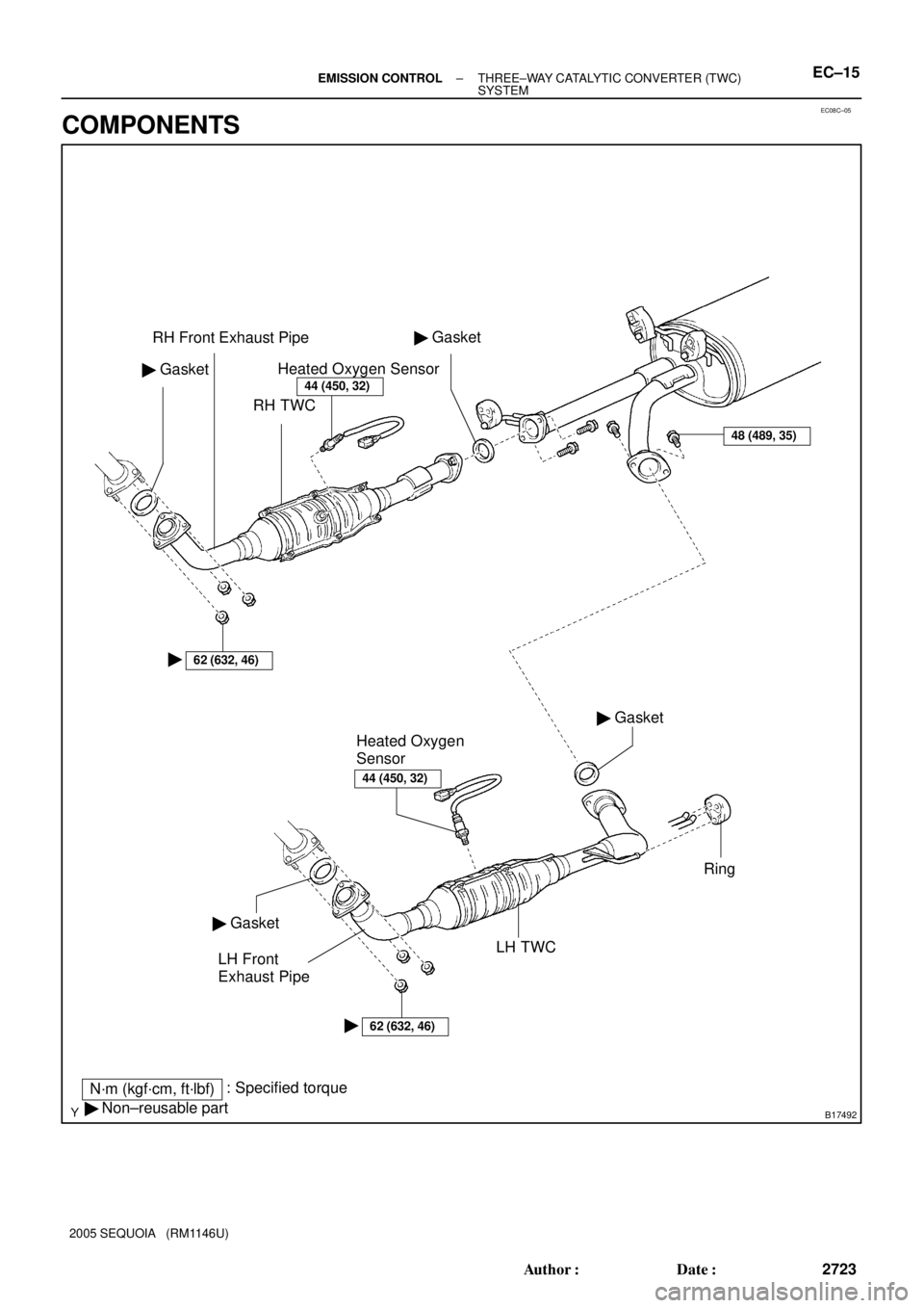 TOYOTA SEQUOIA 2001  Service Repair Manual EC08C±05
B17492
N´m (kgf´cm, ft´lbf): Specified torque
 Non±reusable partRH Front Exhaust Pipe
RH TWC GasketHeated Oxygen Sensor
Ring
LH Front 
Exhaust Pipe 
62 (632, 46)
Gasket 

Gasket 
He