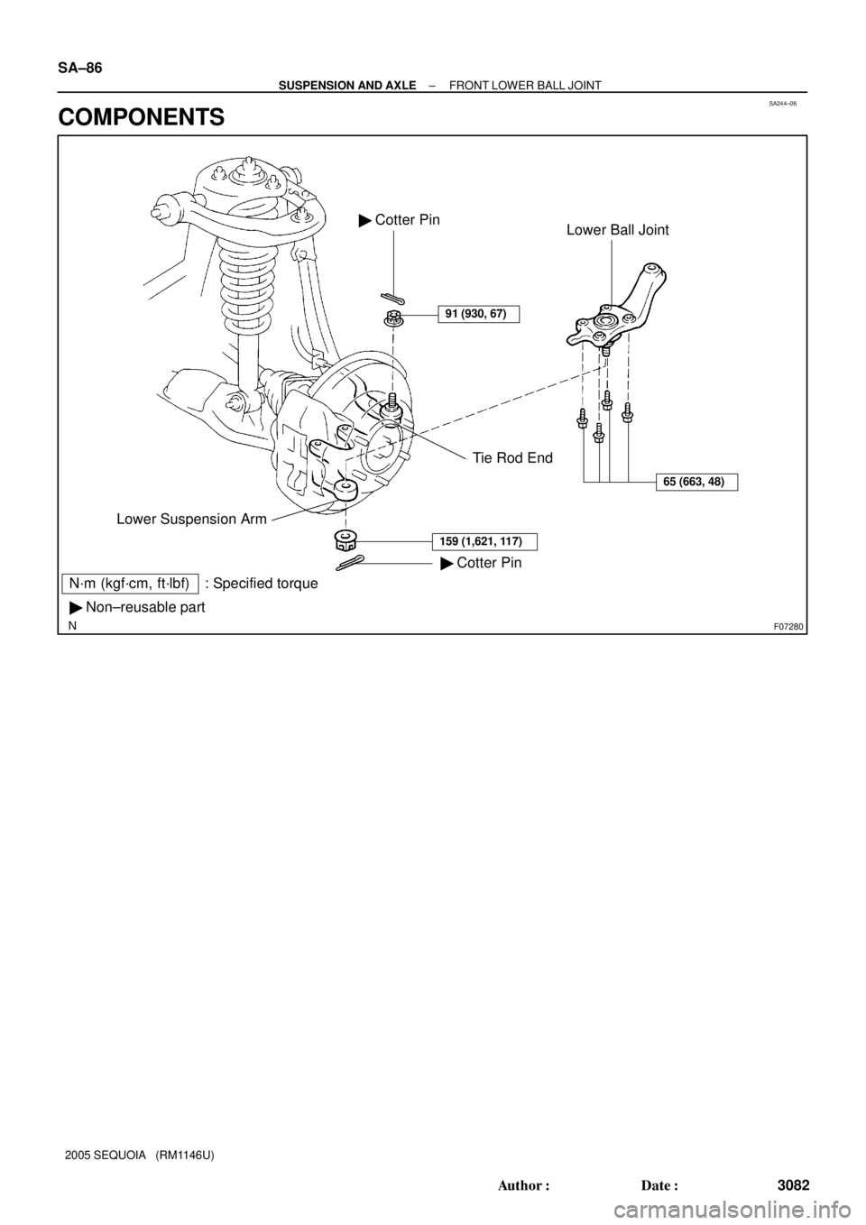 TOYOTA SEQUOIA 2001  Service Repair Manual SA244±06
F07280
N´m (kgf´cm, ft´lbf) : Specified torque
 Non±reusable part
Tie Rod End
 Cotter Pin Lower Suspension ArmLower Ball Joint  Cotter Pin
91 (930, 67)
65 (663, 48)
159 (1,621, 117)
S