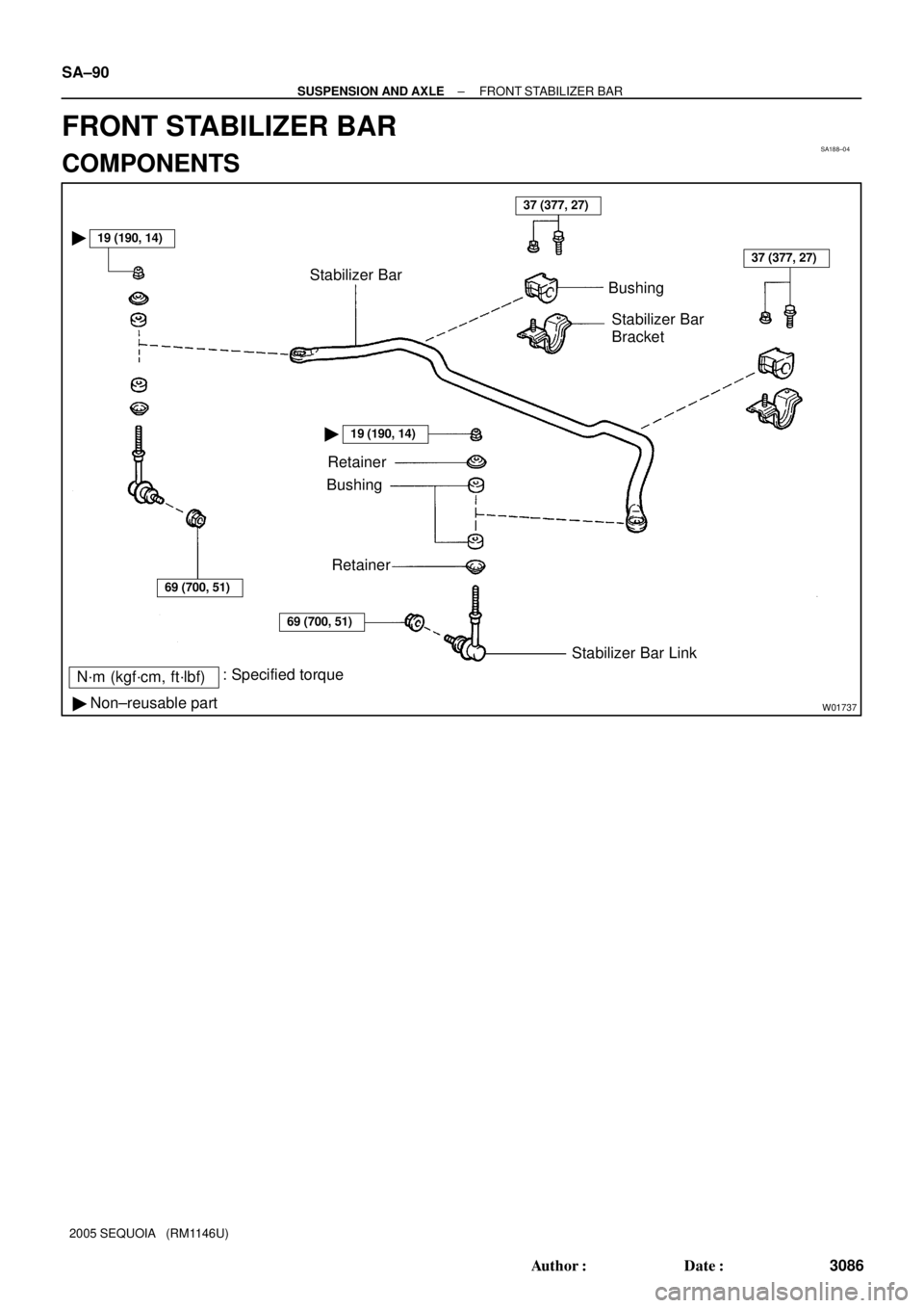 TOYOTA SEQUOIA 2001  Service Repair Manual SA188±04
W01737
Stabilizer Bar
Retainer
N´m (kgf´cm, ft´lbf)Retainer
Stabilizer Bar Link
: Specified torqueStabilizer Bar
Bracket
Bushing
 Non±reusable part
19 (190, 14)
37 (377, 27)
69 (700, 5