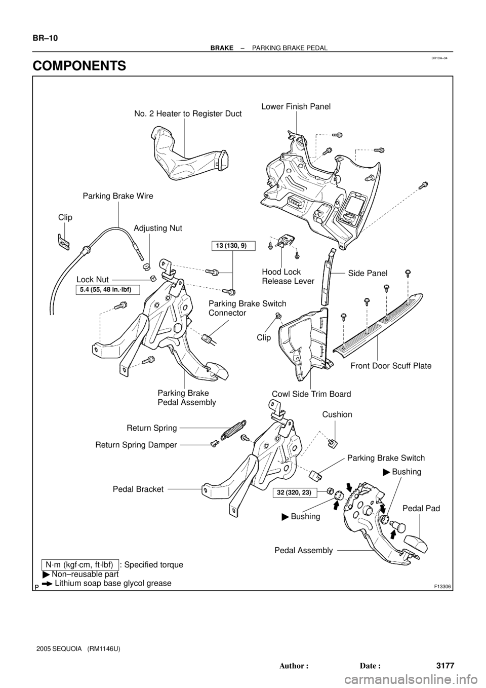 TOYOTA SEQUOIA 2001  Service Repair Manual BR10A±04
F13306
No. 2 Heater to Register DuctLower Finish Panel
Hood Lock
Release Lever Parking Brake Wire
Clip
Pedal Pad Parking Brake
Pedal Assembly
: Specified torque
N´m (kgf´cm, ft´lbf)
Cowl 
