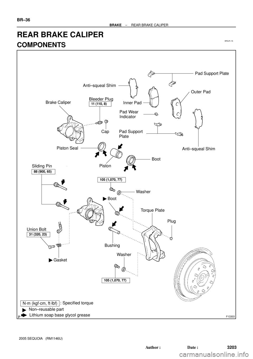 TOYOTA SEQUOIA 2001  Service Repair Manual BR0JR±16
F13303
Brake Caliper
Anti±squeal Shim Inner Pad
Pad Support
PlatePad Support Plate
Outer Pad Anti±squeal Shim
N´m (kgf´cm, ft´lbf): Specified torque
Lithium soap base glycol grease Non