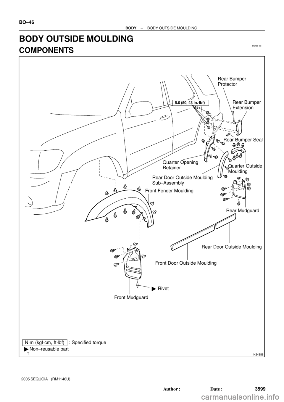 TOYOTA SEQUOIA 2001  Service Repair Manual BO468±03
H24888
Quarter Opening
Retainer
Rear Door Outside Moulding
Sub±Assembly
Front Fender MouldingRear Bumper
Protector
Rear Bumper
Extension
Rear Bumper Seal
Quarter Outside 
Moulding
Rear Mudg