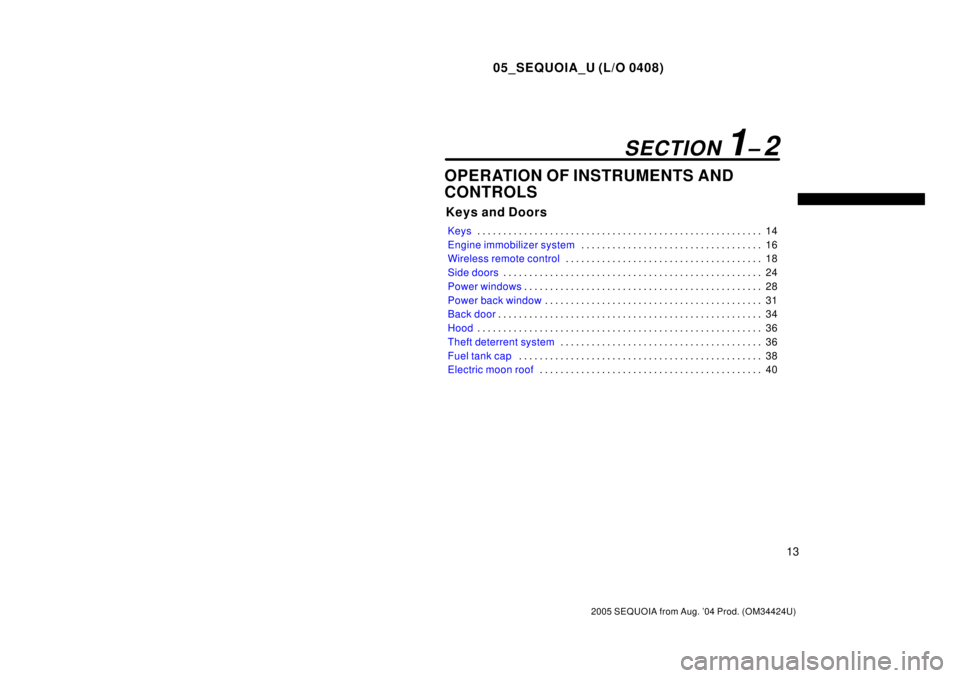 TOYOTA SEQUOIA 2001 Service Repair Manual 05_SEQUOIA_U (L/O 0408)
13
2005 SEQUOIA from Aug. 04 Prod. (OM34424U)
OPERATION OF INSTRUMENTS AND
CONTROLS
Keys and Doors
Keys14 . . . . . . . . . . . . . . . . . . . . . . . . . . . . . . . . . . . TOYOTA SEQUOIA 2001 Service Repair Manual 05_SEQUOIA_U (L/O 0408)
13
2005 SEQUOIA from Aug. 04 Prod. (OM34424U)
OPERATION OF INSTRUMENTS AND
CONTROLS
Keys and Doors
Keys14 . . . . . . . . . . . . . . . . . . . . . . . . . . . . . . . . . . .