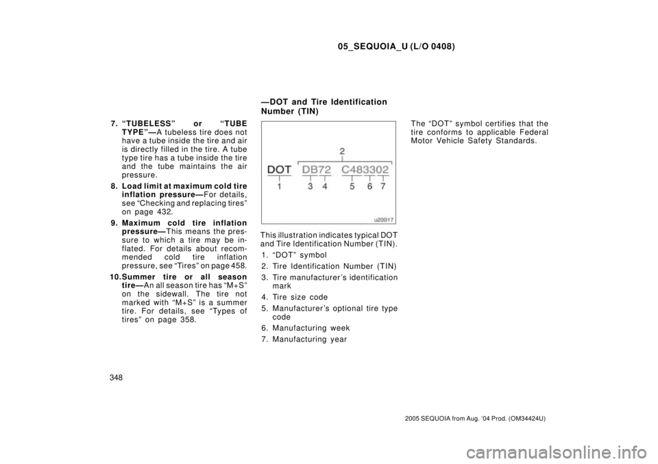 TOYOTA SEQUOIA 2001 Service Repair Manual 05_SEQUOIA_U (L/O 0408)
348
2005 SEQUOIA from Aug. 04 Prod. (OM34424U)
7. ªTUBELESSº or ªTUBE
TYPEºÐA tubeless tire does not
have a tube inside the tire and air
is directly filled in the tire. A TOYOTA SEQUOIA 2001 Service Repair Manual 05_SEQUOIA_U (L/O 0408)
348
2005 SEQUOIA from Aug. 04 Prod. (OM34424U)
7. ªTUBELESSº or ªTUBE
TYPEºÐA tubeless tire does not
have a tube inside the tire and air
is directly filled in the tire. A