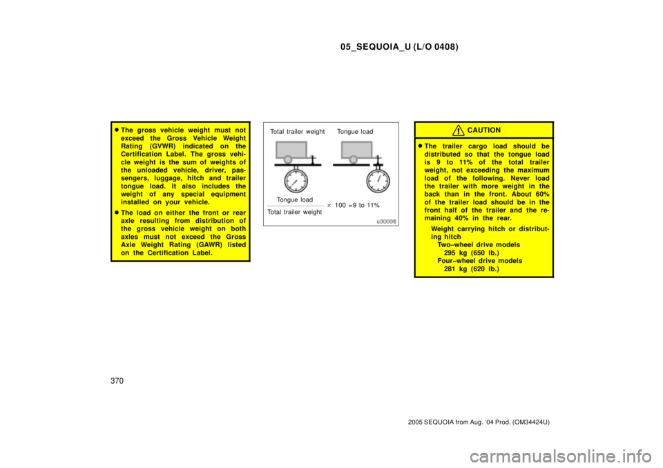 TOYOTA SEQUOIA 2001 Service Repair Manual 05_SEQUOIA_U (L/O 0408)
370
2005 SEQUOIA from Aug. 04 Prod. (OM34424U)
The gross vehicle weight must not
exceed the Gross Vehicle Weight
Rating (GVWR) indicated on the
Certification Label. The gross TOYOTA SEQUOIA 2001 Service Repair Manual 05_SEQUOIA_U (L/O 0408)
370
2005 SEQUOIA from Aug. 04 Prod. (OM34424U)
The gross vehicle weight must not
exceed the Gross Vehicle Weight
Rating (GVWR) indicated on the
Certification Label. The gross