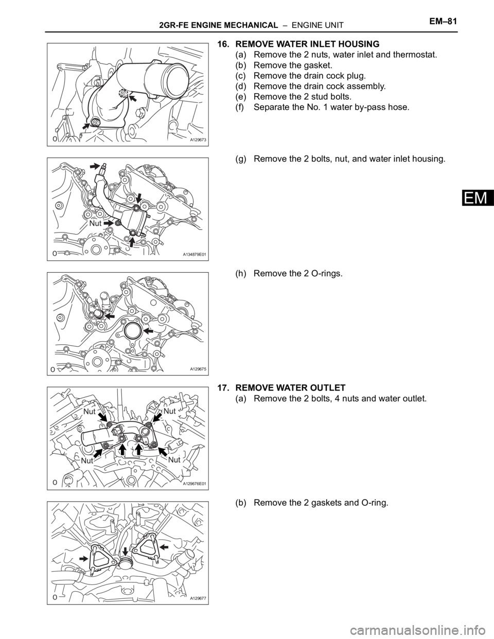 TOYOTA SIENNA 2007  Service Repair Manual 2GR-FE ENGINE MECHANICAL  –  ENGINE UNITEM–81
EM
16. REMOVE WATER INLET HOUSING
(a) Remove the 2 nuts, water inlet and thermostat.
(b) Remove the gasket.
(c) Remove the drain cock plug.
(d) Remove