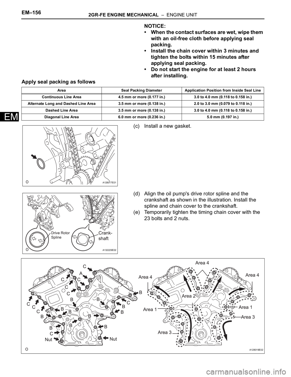 TOYOTA SIENNA 2007  Service Repair Manual EM–1562GR-FE ENGINE MECHANICAL  –  ENGINE UNIT
EM
NOTICE:
• When the contact surfaces are wet, wipe them 
with an oil-free cloth before applying seal 
packing.
• Install the chain cover within
