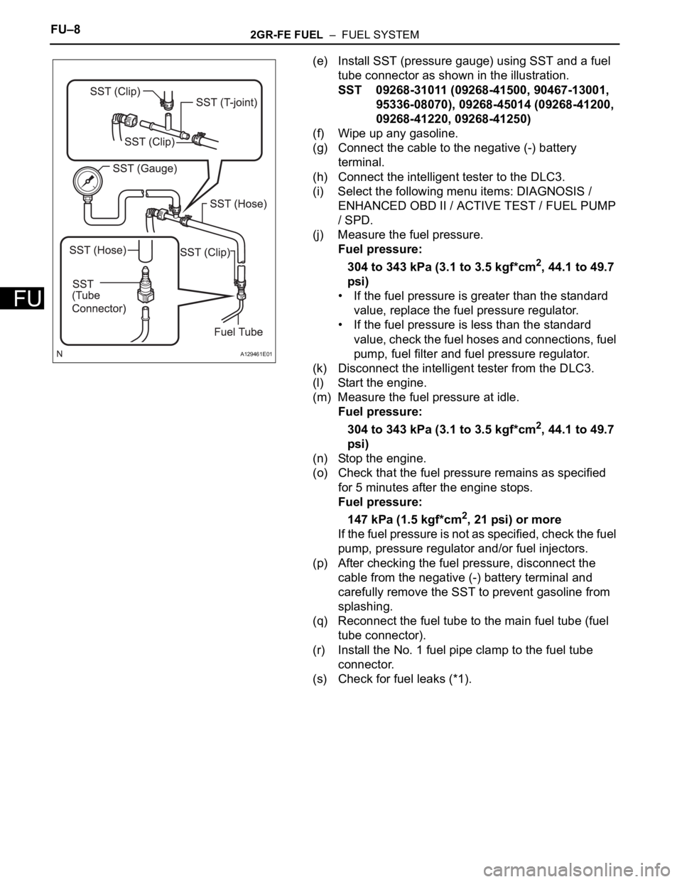 TOYOTA SIENNA 2007 Service Repair Manual FU–82GR-FE FUEL – FUEL SYSTEM
FU
(e) Install SST (pressure gauge) using SST and a fuel
tube connector as shown in the illustration.
SST 09268-31011 (09268-41500, 90467-13001,
95336-08070), 092 TOYOTA SIENNA 2007 Service Repair Manual FU–82GR-FE FUEL – FUEL SYSTEM
FU
(e) Install SST (pressure gauge) using SST and a fuel
tube connector as shown in the illustration.
SST 09268-31011 (09268-41500, 90467-13001,
95336-08070), 092