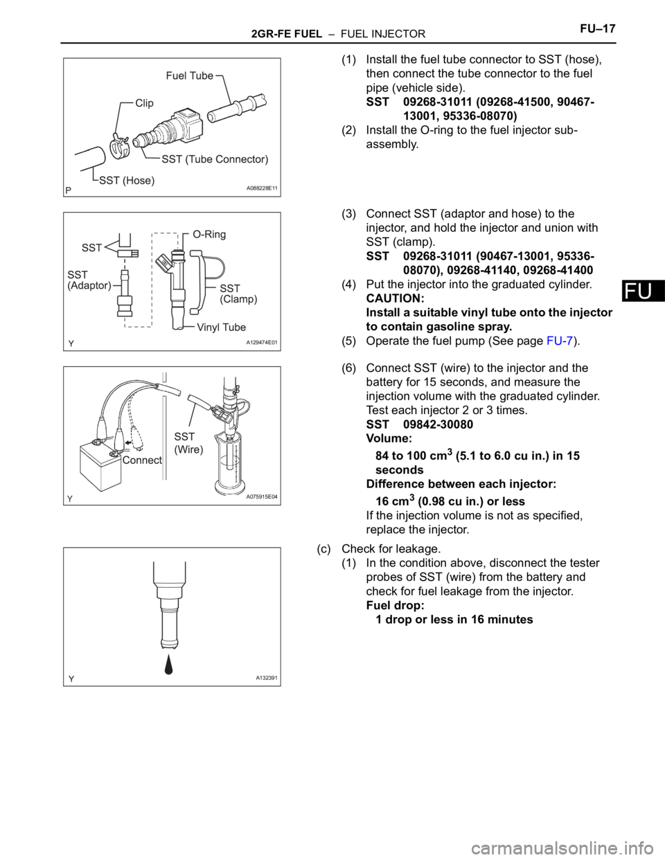 TOYOTA SIENNA 2007  Service Repair Manual 2GR-FE FUEL  –  FUEL INJECTORFU–17
FU
(1) Install the fuel tube connector to SST (hose), 
then connect the tube connector to the fuel 
pipe (vehicle side).
SST 09268-31011 (09268-41500, 90467-
130