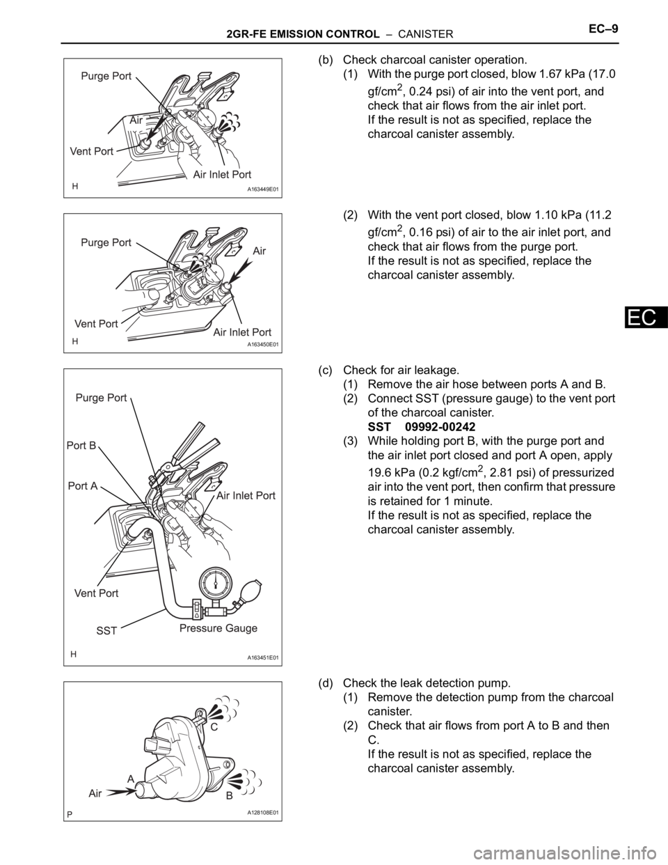 TOYOTA SIENNA 2007 Service Repair Manual 2GR-FE EMISSION CONTROL – CANISTEREC–9
EC
(b) Check charcoal canister operation.
(1) With the purge port closed, blow 1.67 kPa (17.0
gf/cm
2, 0.24 psi) of air into the vent port, and
check tha TOYOTA SIENNA 2007 Service Repair Manual 2GR-FE EMISSION CONTROL – CANISTEREC–9
EC
(b) Check charcoal canister operation.
(1) With the purge port closed, blow 1.67 kPa (17.0
gf/cm
2, 0.24 psi) of air into the vent port, and
check tha