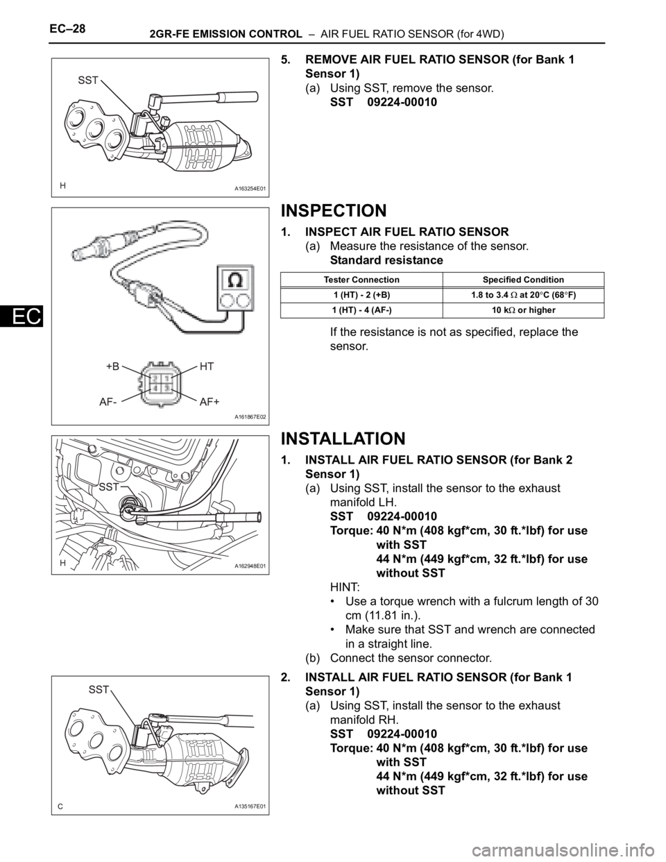 TOYOTA SIENNA 2007 Service Repair Manual EC–282GR-FE EMISSION CONTROL – AIR FUEL RATIO SENSOR (for 4WD)
EC
5. REMOVE AIR FUEL RATIO SENSOR (for Bank 1
Sensor 1)
(a) Using SST, remove the sensor.
SST 09224-00010
INSPECTION
1. INSPECT A TOYOTA SIENNA 2007 Service Repair Manual EC–282GR-FE EMISSION CONTROL – AIR FUEL RATIO SENSOR (for 4WD)
EC
5. REMOVE AIR FUEL RATIO SENSOR (for Bank 1
Sensor 1)
(a) Using SST, remove the sensor.
SST 09224-00010
INSPECTION
1. INSPECT A