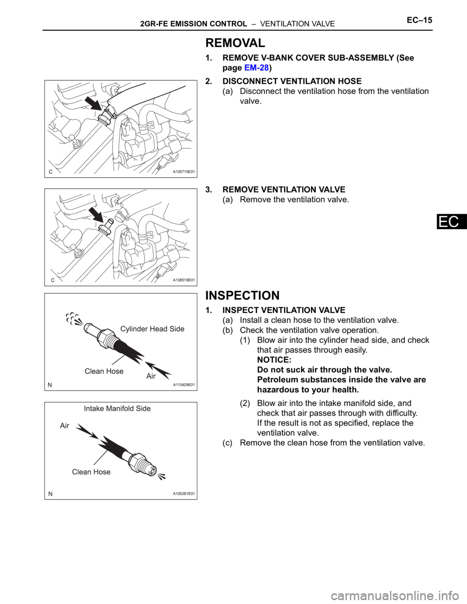 TOYOTA SIENNA 2007  Service Repair Manual 2GR-FE EMISSION CONTROL  –  VENTILATION VALVEEC–15
EC
REMOVAL
1. REMOVE V-BANK COVER SUB-ASSEMBLY (See 
page EM-28)
2. DISCONNECT VENTILATION HOSE
(a) Disconnect the ventilation hose from the vent