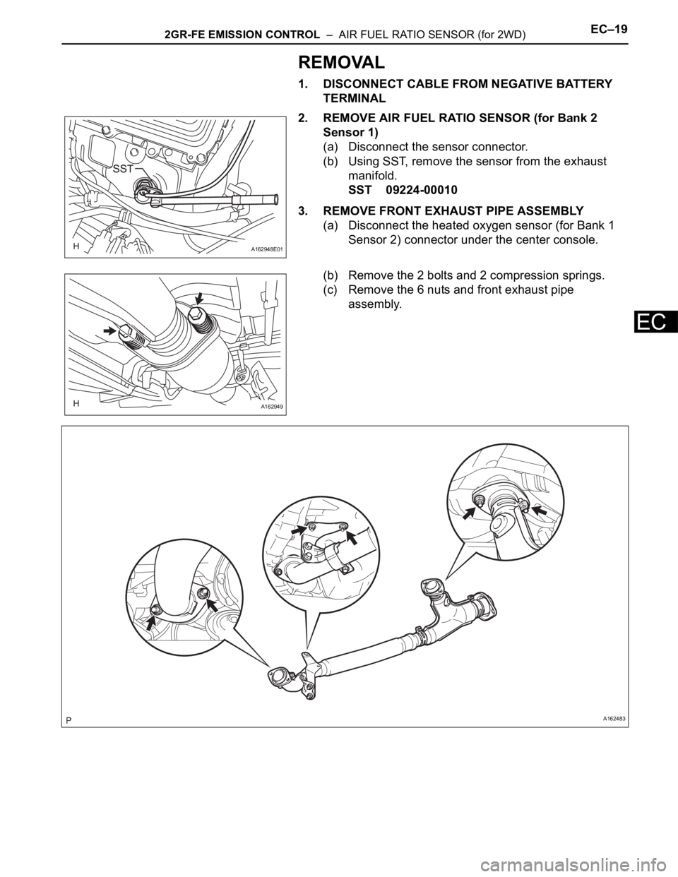 TOYOTA SIENNA 2007  Service Repair Manual 2GR-FE EMISSION CONTROL  –  AIR FUEL RATIO SENSOR (for 2WD)EC–19
EC
REMOVAL
1. DISCONNECT CABLE FROM NEGATIVE BATTERY 
TERMINAL
2. REMOVE AIR FUEL RATIO SENSOR (for Bank 2 
Sensor 1)
(a) Disconnec