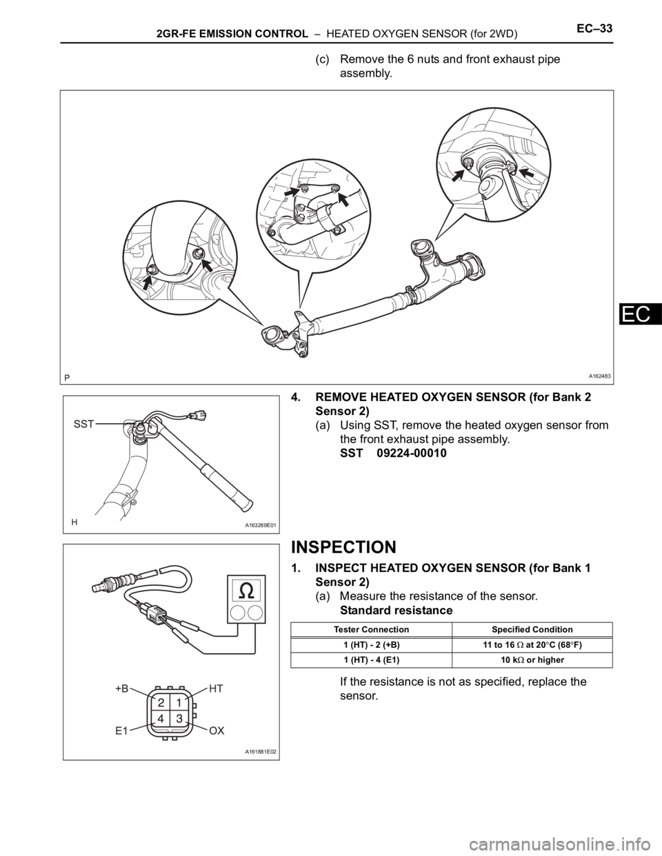 TOYOTA SIENNA 2007  Service Repair Manual 2GR-FE EMISSION CONTROL  –  HEATED OXYGEN SENSOR (for 2WD)EC–33
EC
(c) Remove the 6 nuts and front exhaust pipe 
assembly.
4. REMOVE HEATED OXYGEN SENSOR (for Bank 2 
Sensor 2)
(a) Using SST, remo