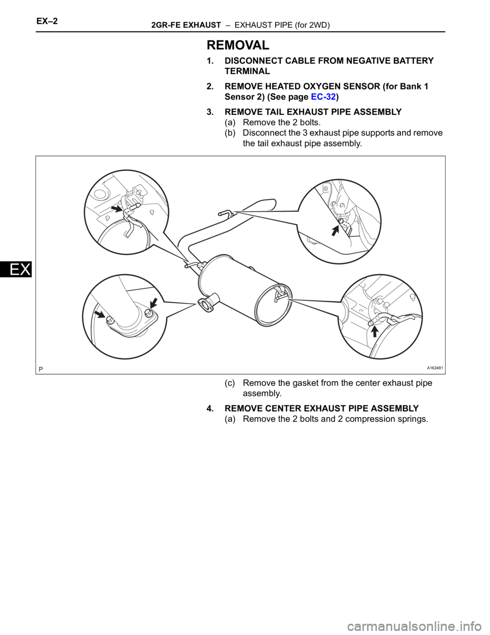 TOYOTA SIENNA 2007  Service Repair Manual EX–22GR-FE EXHAUST  –  EXHAUST PIPE (for 2WD)
EX
REMOVAL
1. DISCONNECT CABLE FROM NEGATIVE BATTERY 
TERMINAL
2. REMOVE HEATED OXYGEN SENSOR (for Bank 1 
Sensor 2) (See page EC-32)
3. REMOVE TAIL E