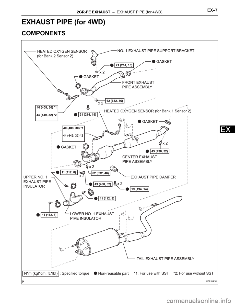 TOYOTA SIENNA 2007  Service Repair Manual 2GR-FE EXHAUST  –  EXHAUST PIPE (for 4WD)EX–7
EX
ENGINE
2GR-FE EXHAUST
EXHAUST PIPE (for 4WD)
COMPONENTS
A162160E01 