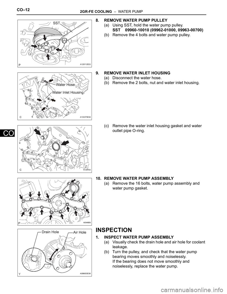 TOYOTA SIENNA 2007  Service Repair Manual CO–122GR-FE COOLING  –  WATER PUMP
CO
8. REMOVE WATER PUMP PULLEY
(a) Using SST, hold the water pump pulley.
SST 09960-10010 (09962-01000, 09963-00700)
(b) Remove the 4 bolts and water pump pulley