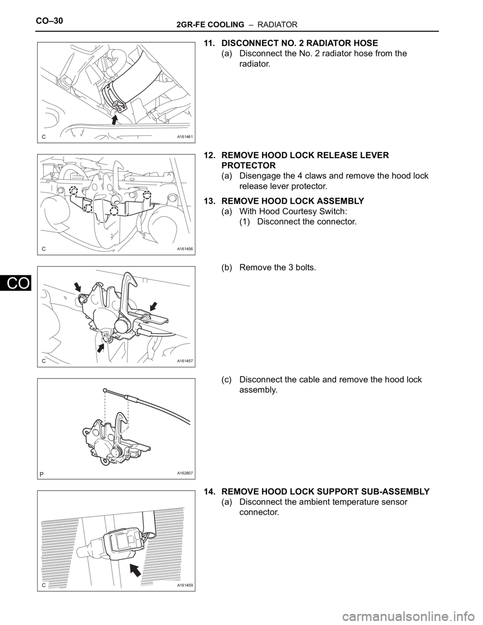 TOYOTA SIENNA 2007  Service Repair Manual CO–302GR-FE COOLING  –  RADIATOR
CO
11. DISCONNECT NO. 2 RADIATOR HOSE
(a) Disconnect the No. 2 radiator hose from the 
radiator.
12. REMOVE HOOD LOCK RELEASE LEVER 
PROTECTOR
(a) Disengage the 4 