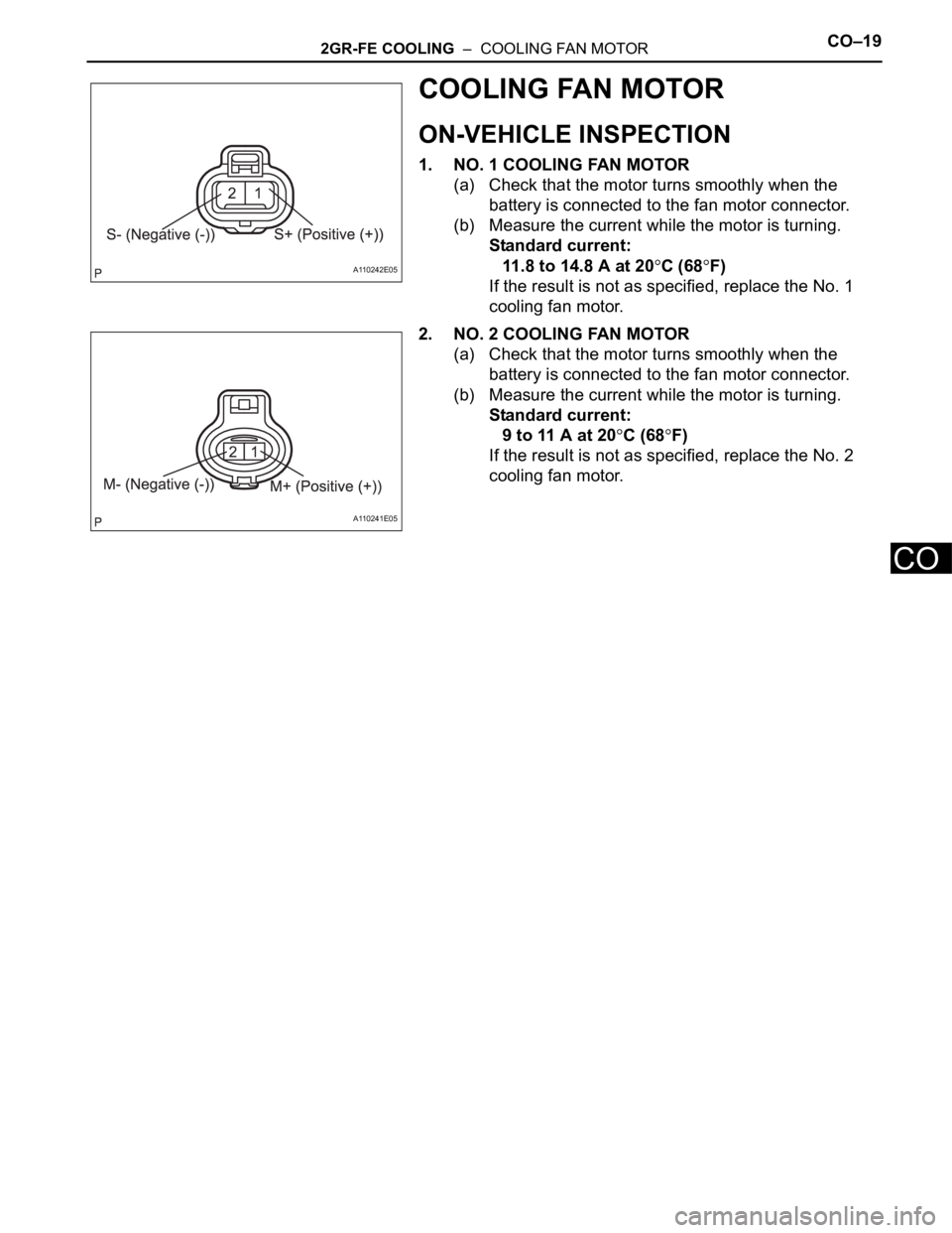 TOYOTA SIENNA 2007  Service Repair Manual 2GR-FE COOLING  –  COOLING FAN MOTORCO–19
CO
COOLING FAN MOTOR
ON-VEHICLE INSPECTION
1. NO. 1 COOLING FAN MOTOR
(a) Check that the motor turns smoothly when the 
battery is connected to the fan mo