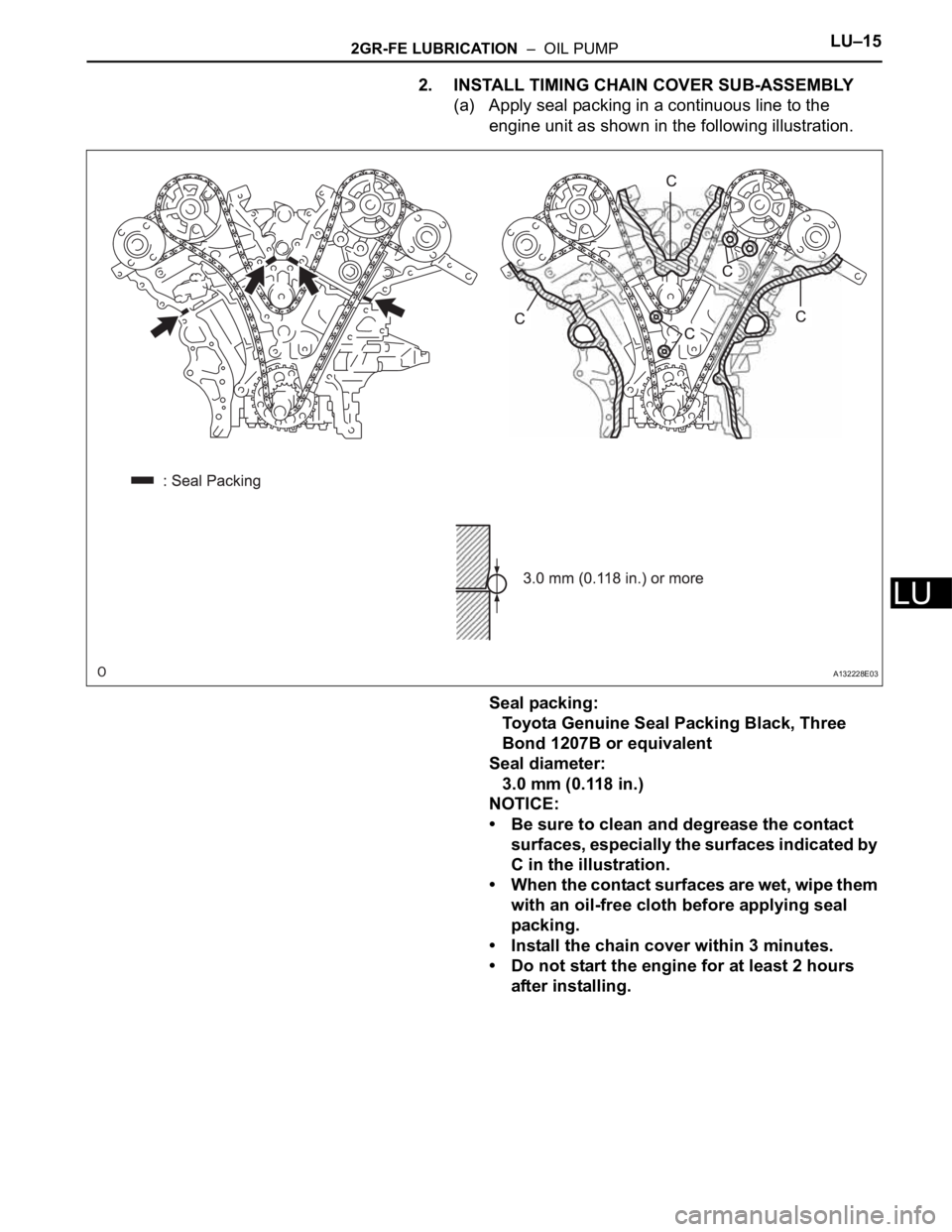 TOYOTA SIENNA 2007  Service Repair Manual 2GR-FE LUBRICATION  –  OIL PUMPLU–15
LU
2. INSTALL TIMING CHAIN COVER SUB-ASSEMBLY
(a) Apply seal packing in a continuous line to the 
engine unit as shown in the following illustration.
Seal pack