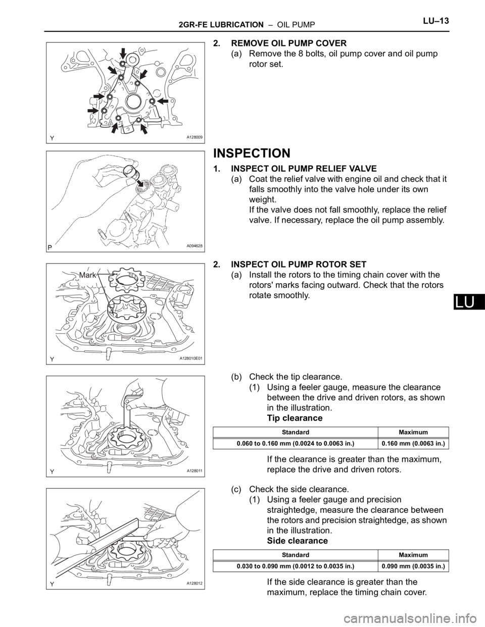 TOYOTA SIENNA 2007  Service Repair Manual 2GR-FE LUBRICATION  –  OIL PUMPLU–13
LU
2. REMOVE OIL PUMP COVER
(a) Remove the 8 bolts, oil pump cover and oil pump 
rotor set.
INSPECTION
1. INSPECT OIL PUMP RELIEF VALVE
(a) Coat the relief val